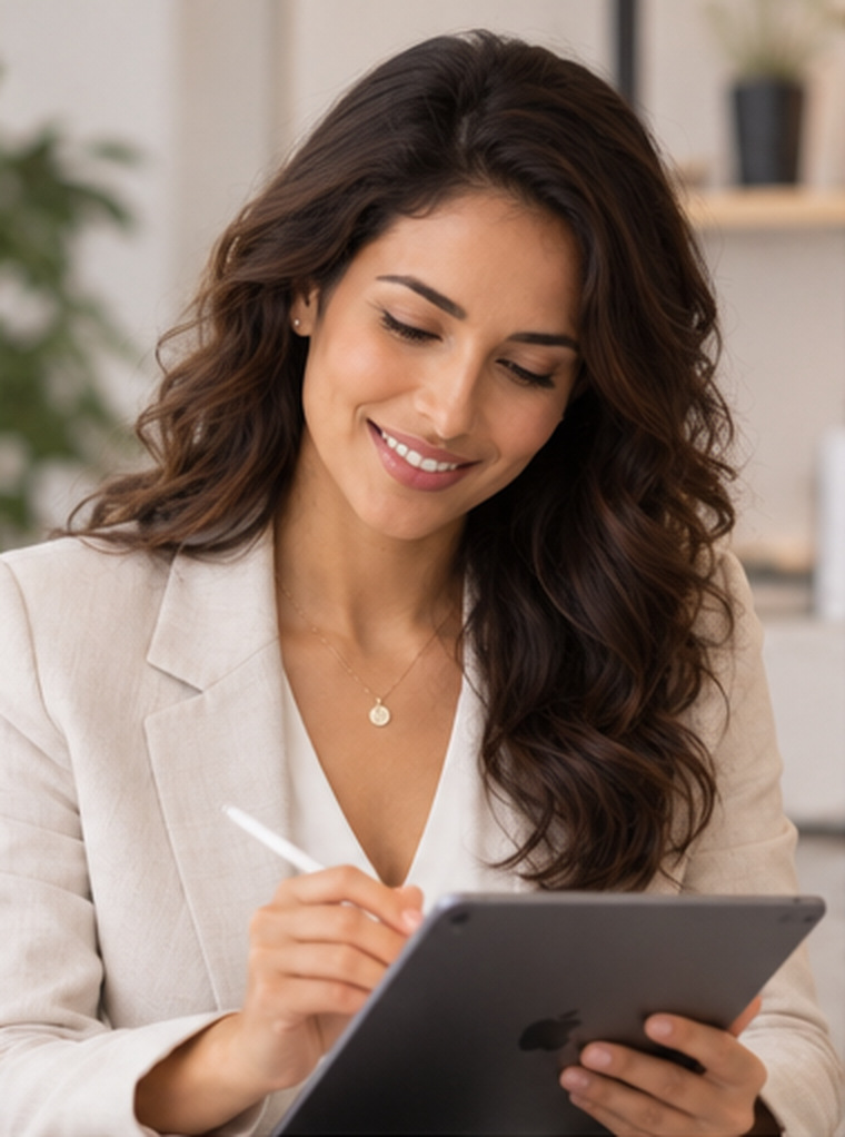 Alora reviewing notes on a tablet
